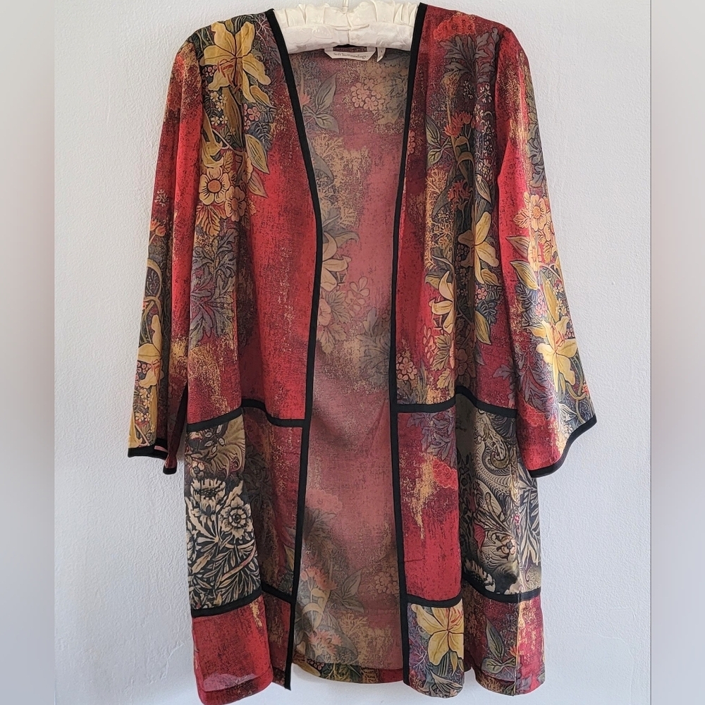 L Forest Fairy Soft Surroundings Boho Floral Hippie Gypsy Sheer Long Cardigan